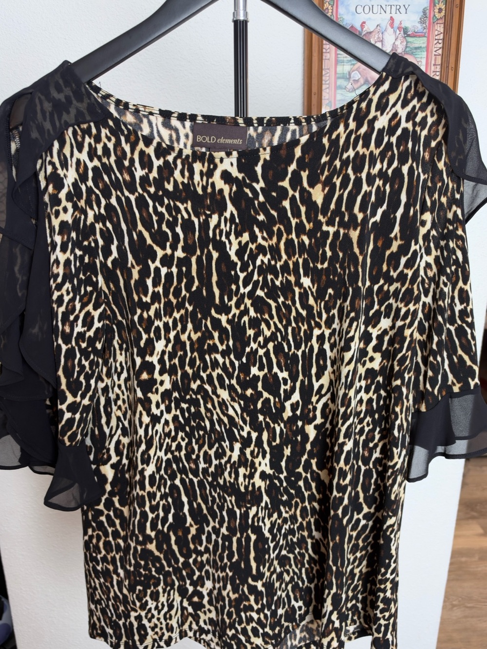 Bold Elements Leopard Print Ruffle Sleeve Women's Top - Black & Cream Size Large